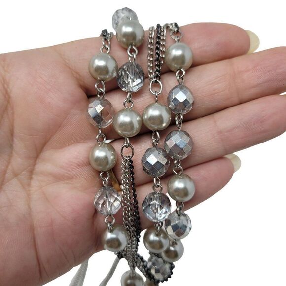 Express Layered Princess Matinee Necklace Silver Faux Pearl Crystal Multi Chain - Picture 4 of 10